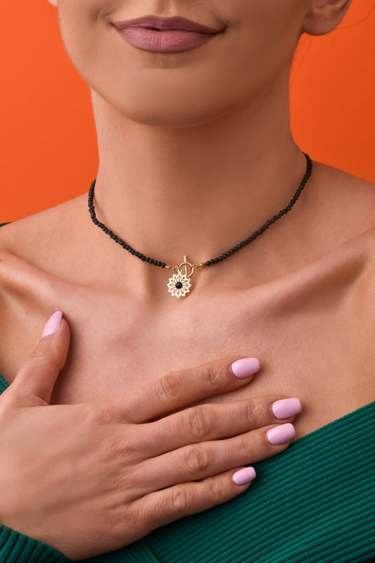 Black Crystals Choker Necklace with Flower Pendant