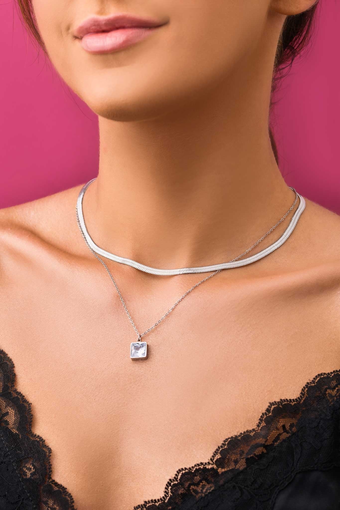 Silver Double Chain Necklace with Square Pendant