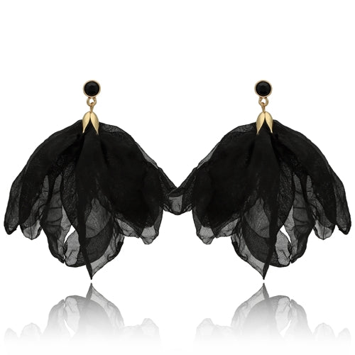 Black Silk Flower Earrings with Black Crystal