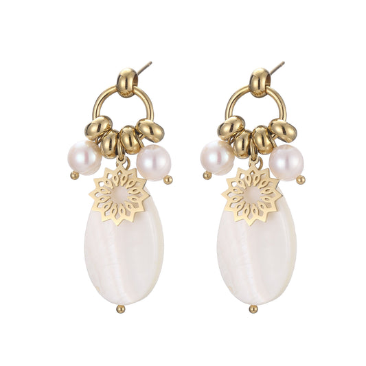 Gold Plated Earrings with Pearl and Flower Pendant