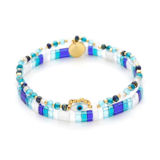 Gold Plated Evil Eye and Tila Beads Double Bracelet
