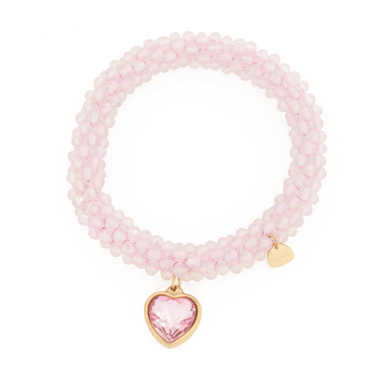 Adjustable Pink Glass Crystals Bracelet with 14K Gold Plated Heart and Pink Crystal Pendant