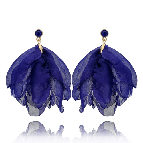 Royal Blue Silk Flower Earrings with Blue Crystal