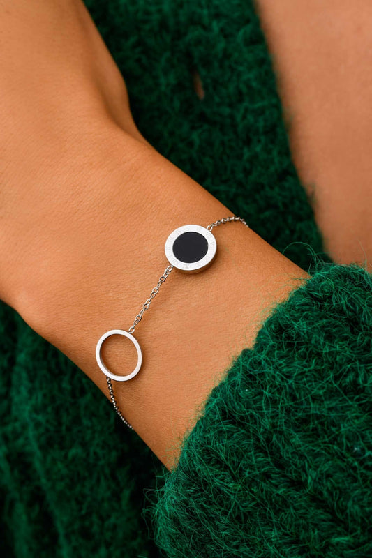 Silver Plated Bracelet with Enamel Black and Open Circles
