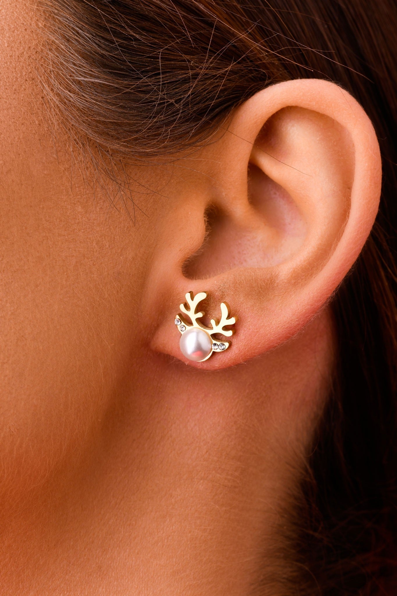 Gold Plated Pearl & White Crystals Reindeer Studs