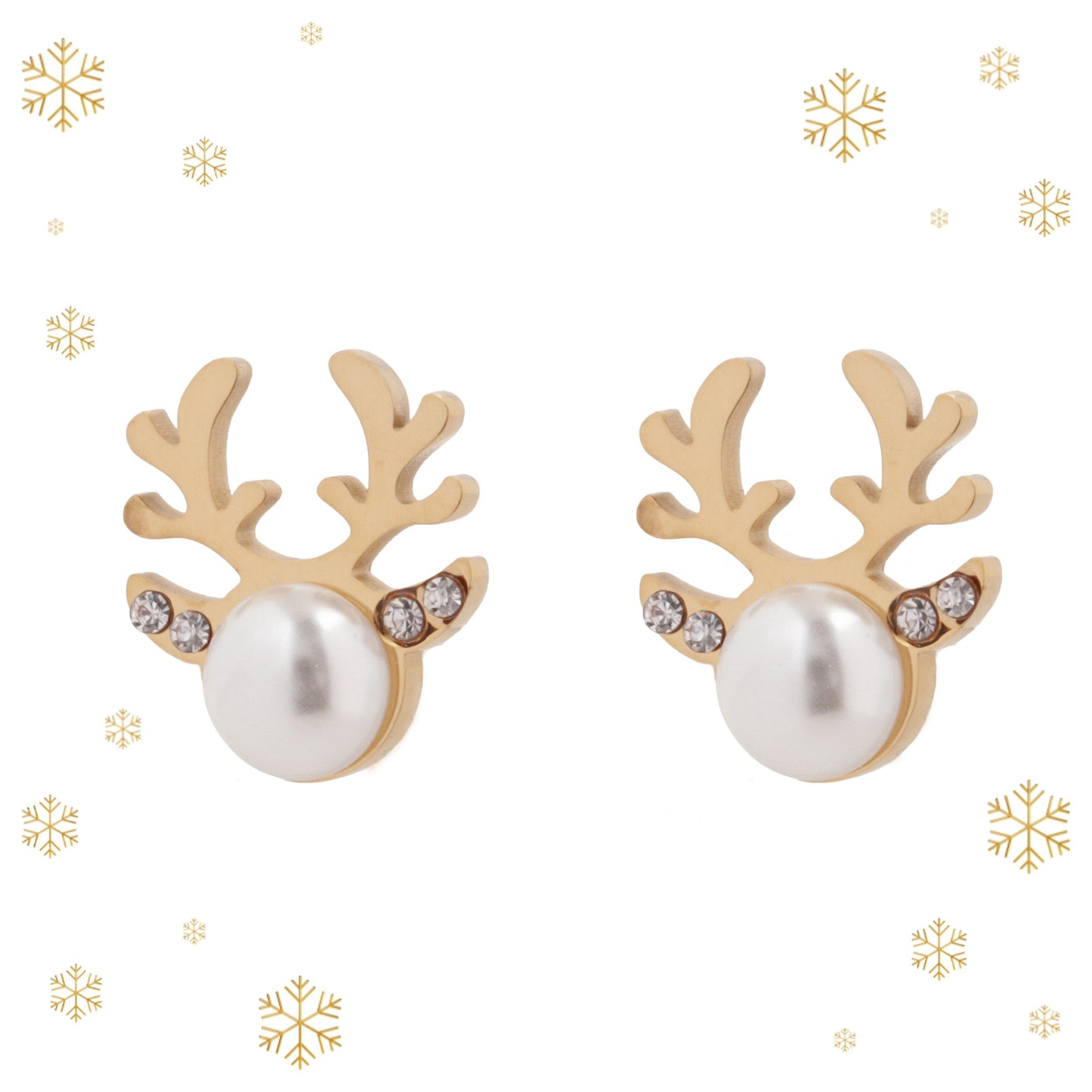Gold Plated Pearl & White Crystals Reindeer Studs