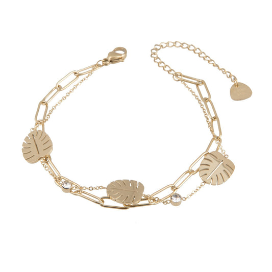 14k Gold Plated Double Chain Bracelet with Monstera Leafs