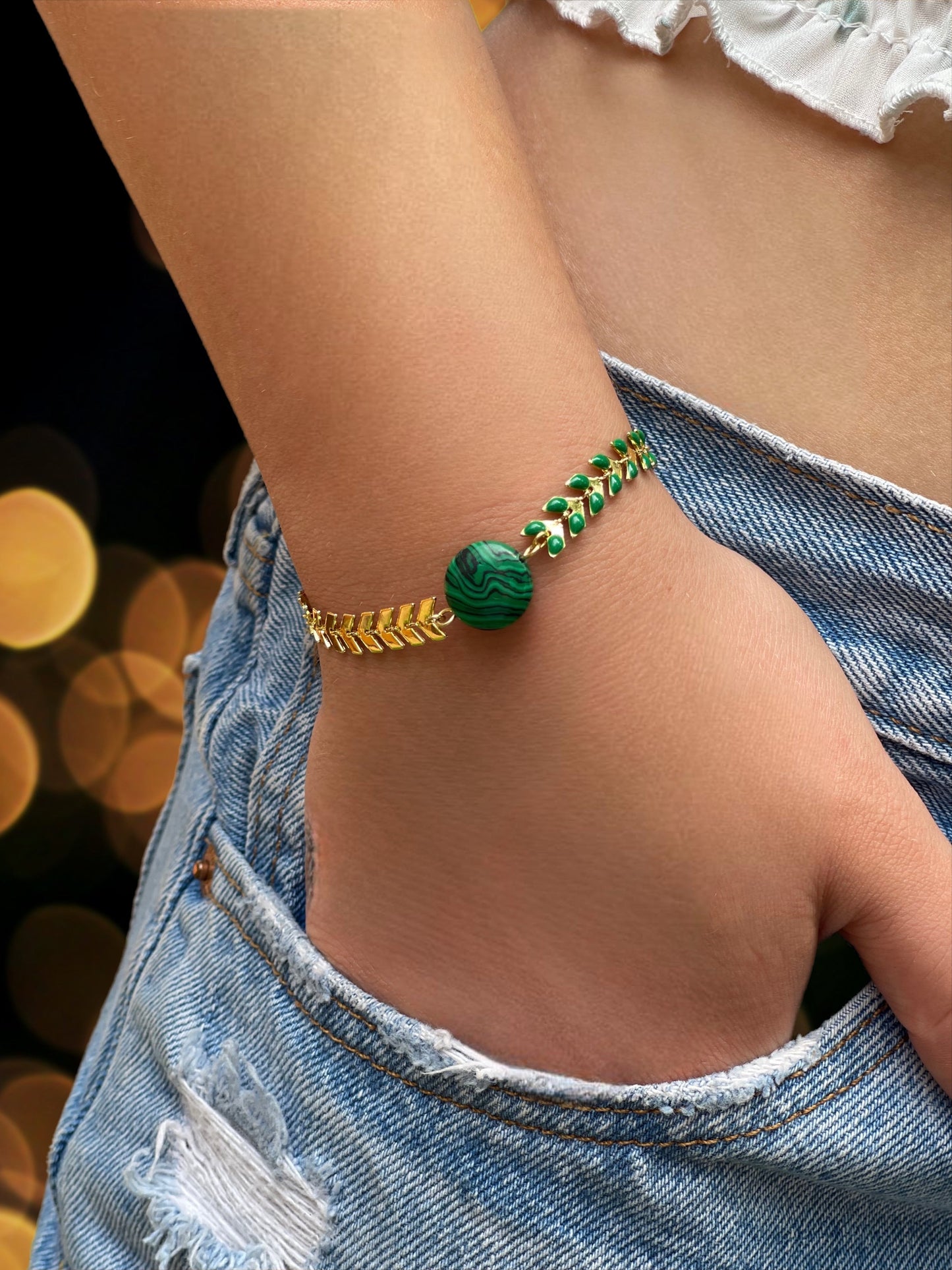 Gold Plated Bracelet with Malachite Stone & Black Enamel