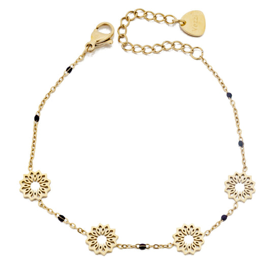 Gold Plated Bracelet with Flowers and Black Beads