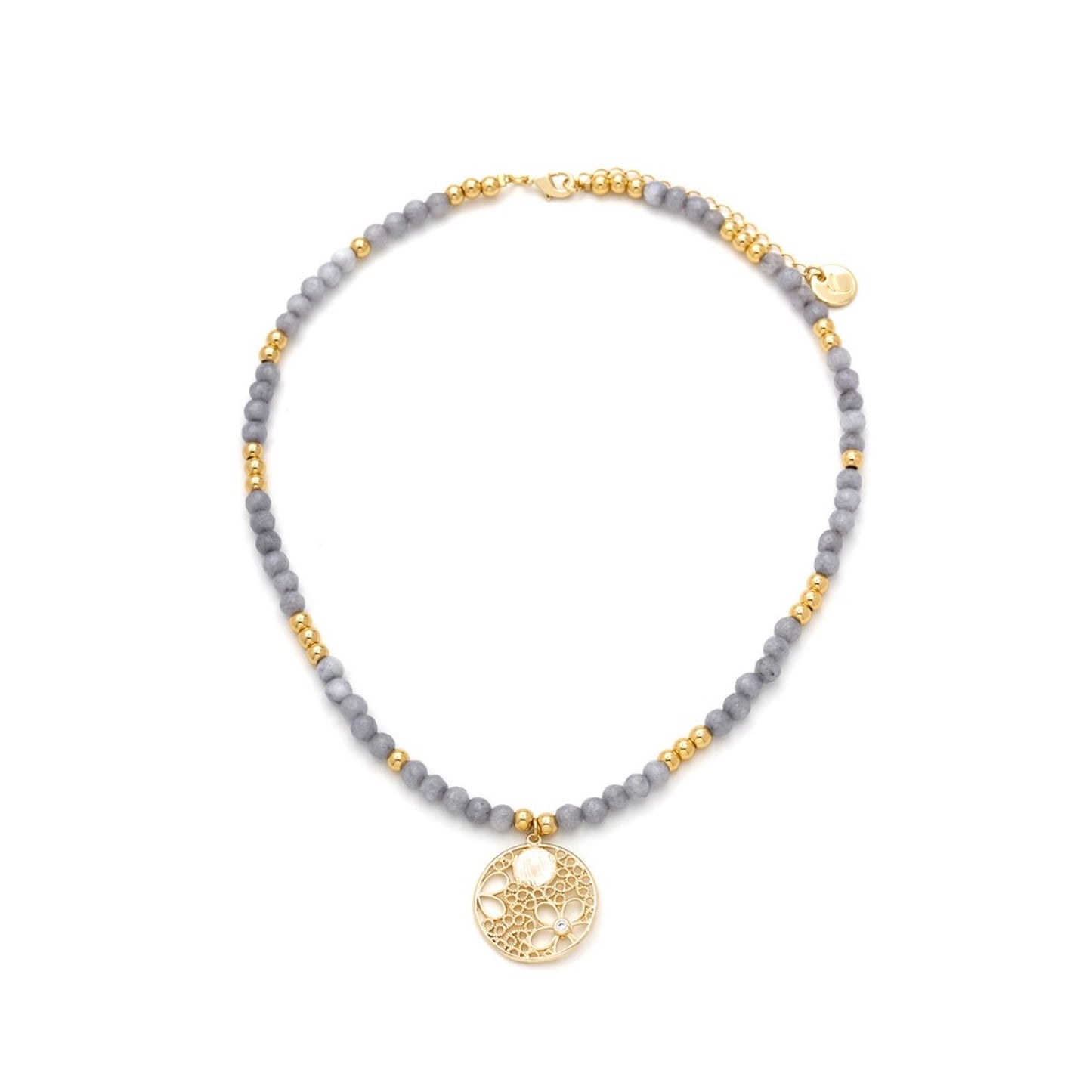 Real Gold Plated Gray Jade Stones Necklace with Zircon Flower Pendant