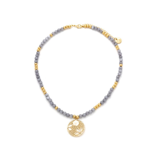 Real Gold Plated Gray Jade Stones Necklace with Zircon Flower Pendant