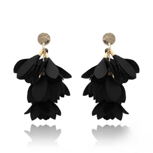Black Satin Flower Earrings with Gold Finishing and Faceted Glass Crystals