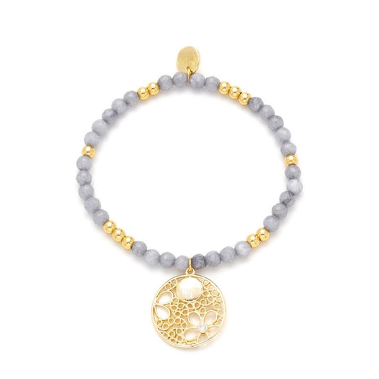 Real Gold Plated Gray Jade Stones Bracelet with Zircon Flower Pendant