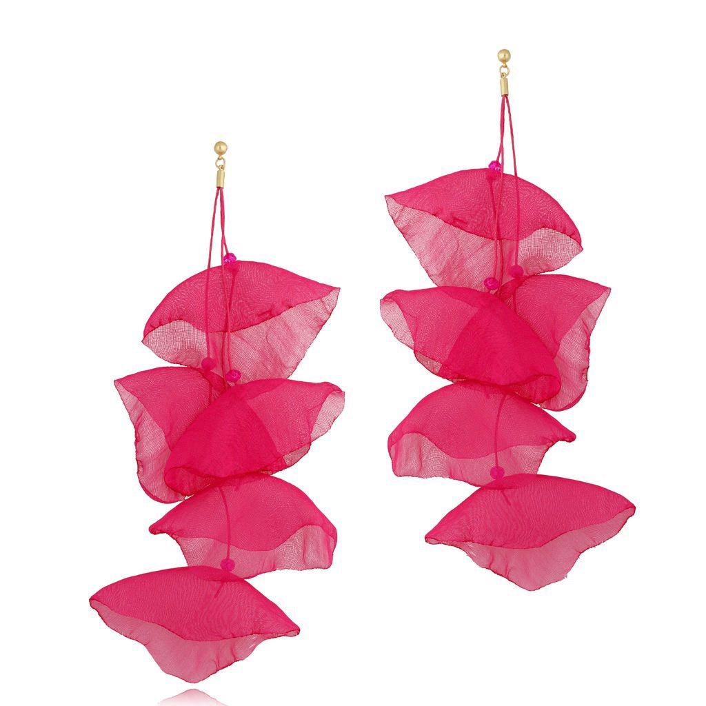 Pink Silk Flower Earrings with Gold Finish - 7,5 inch Long