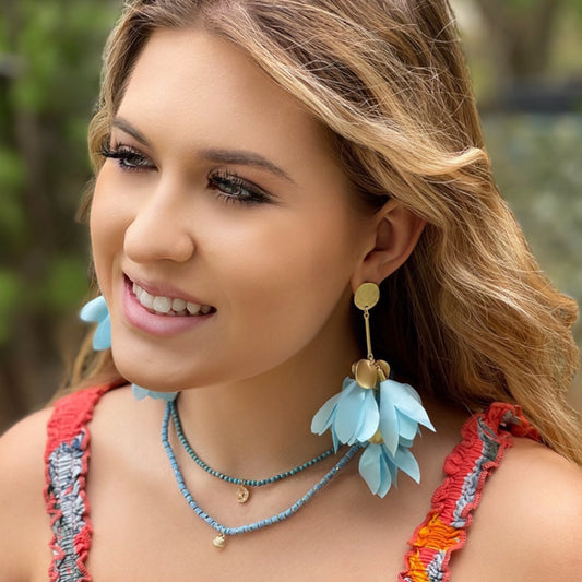 Aqua Blue Satin Flower Earrings