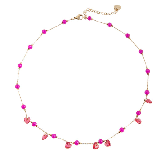 14k Gold Plated Necklce with Pink Beads and Pink Crystal Hearts