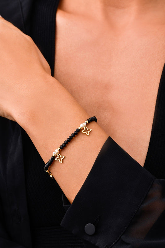 Gold Plated Lily Flower Bracelet with Black Crystals