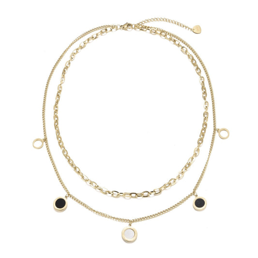 Gold Plated Double Chain Necklace with Open and Black Enamel Circle Pendants