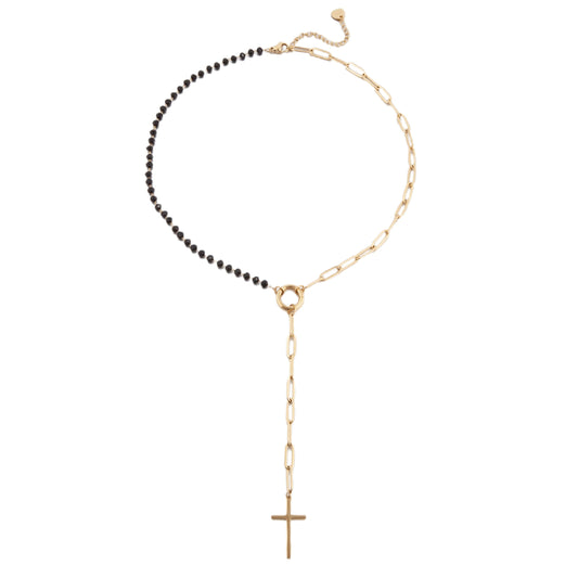 14k Gold Plated Lariat Necklace with Black Crystals and Cross Pendant