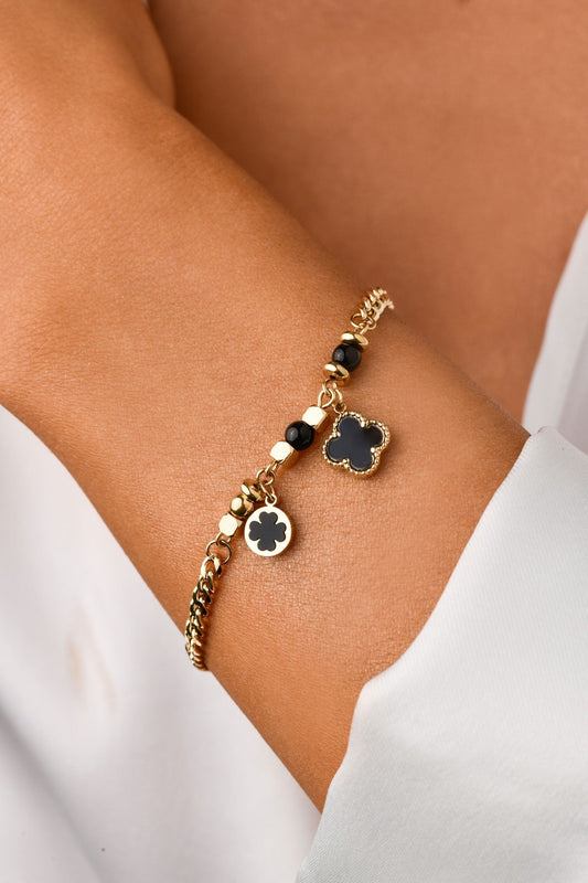 14k Gold Plated Chain Bracelet with Black Clovers