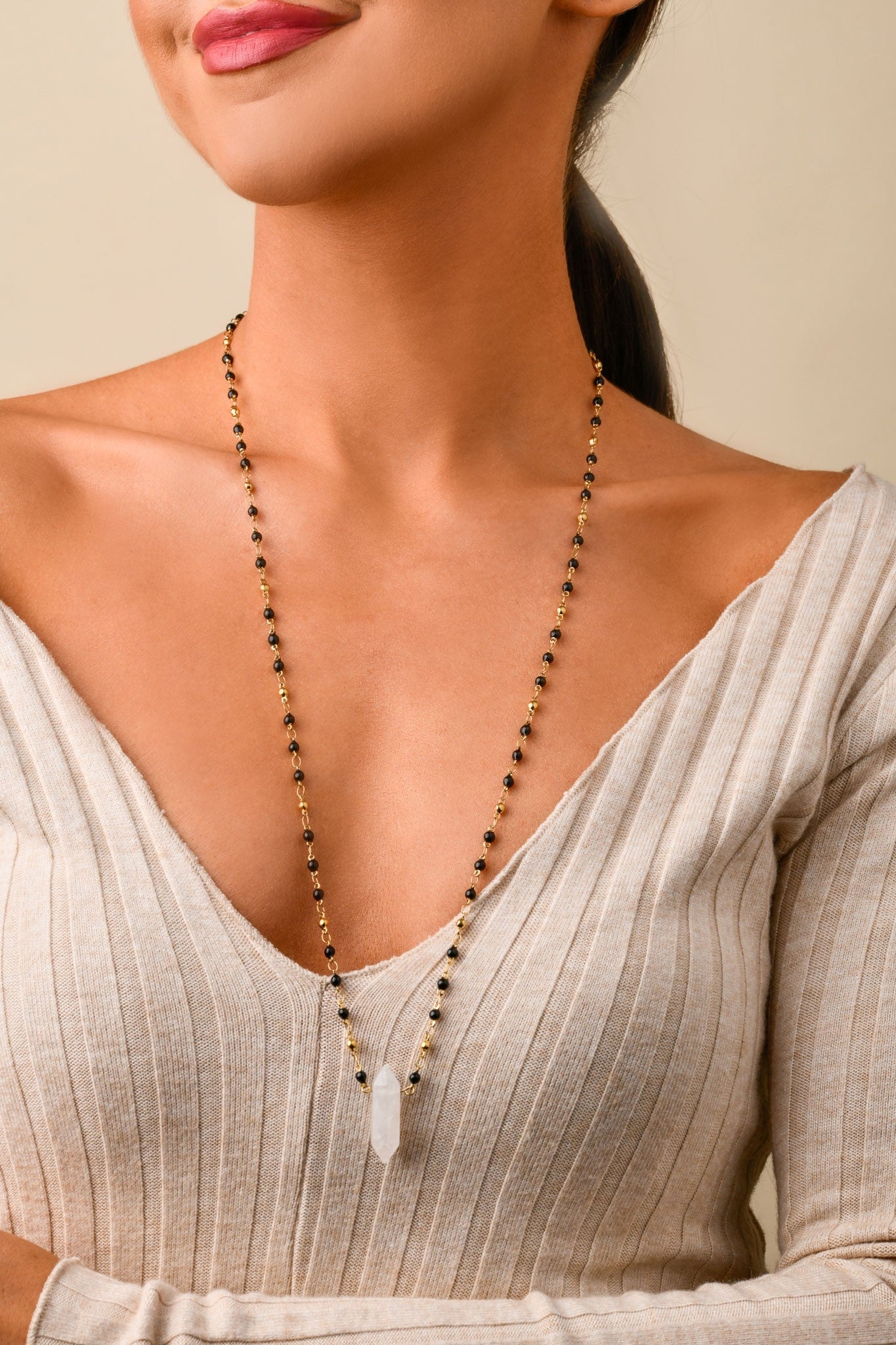 14k Gold Plated Long Beaded Necklace with Himalayan Stone Pendant