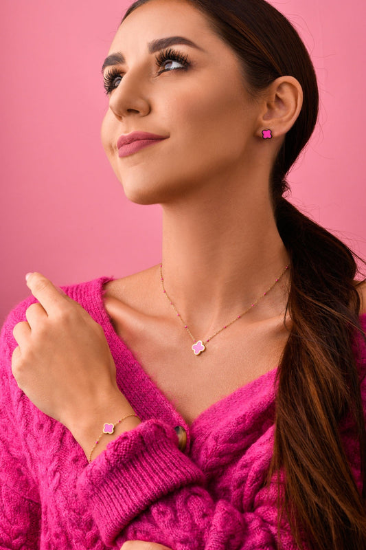 14k Gold Plated Pink Clover Necklace with Pink Beads