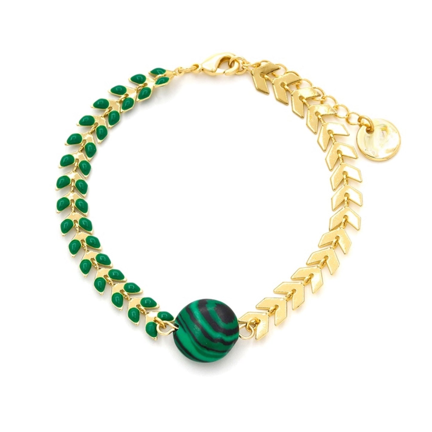 Gold Plated Bracelet with Malachite Stone & Black Enamel