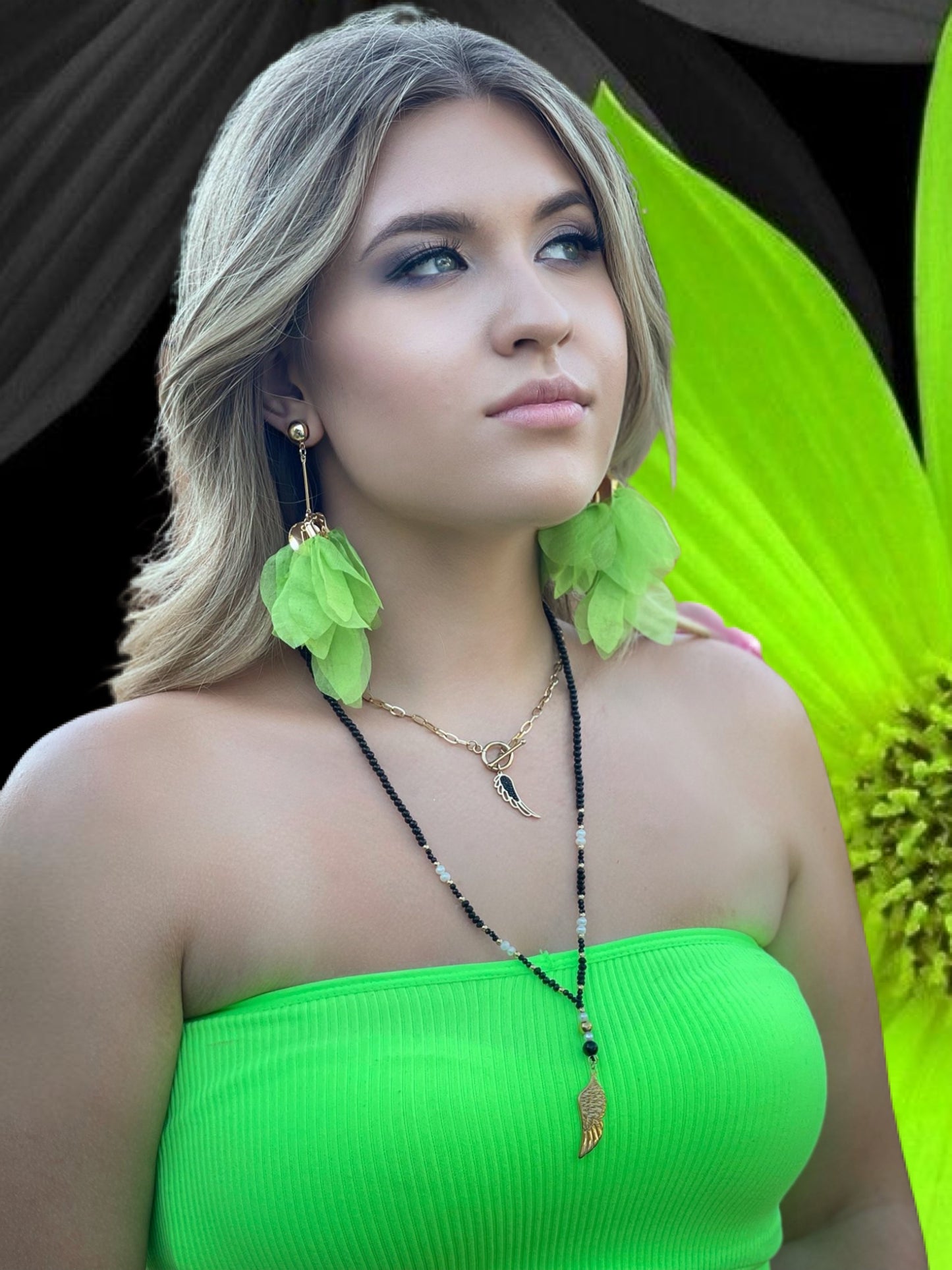 Neon Green Silk Flower Earrings