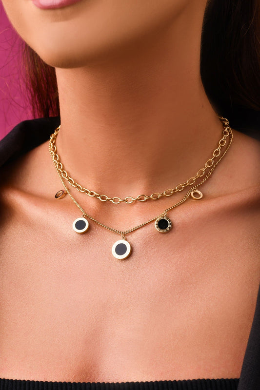 Gold Plated Double Chain Necklace with Open and Black Enamel Circle Pendants