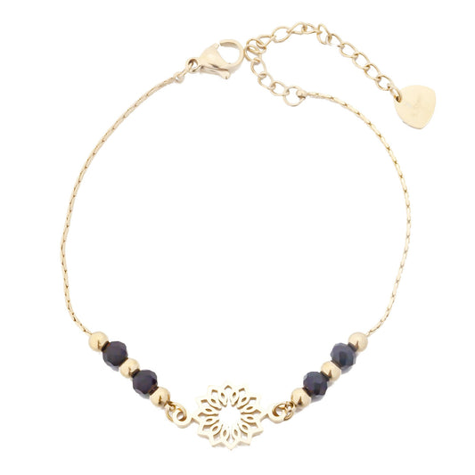 Flower Bracelet with Black Agates and Gold Beads