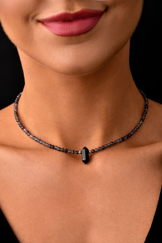 Cordierite Natural Stone Choker with Onyx Natural Stone Pendant