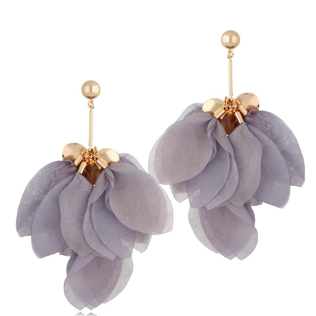 Flint Gray Silk Flower Earrings with Gold Shimmer