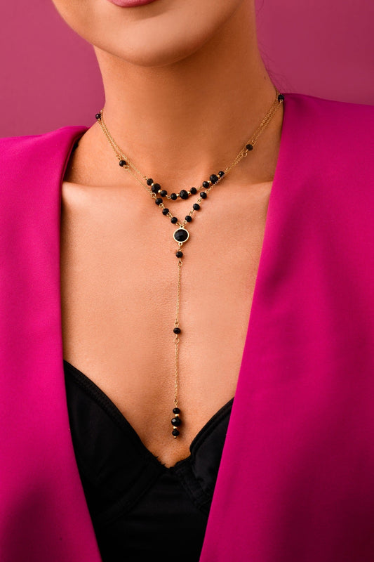 14k Gold Plated Double Chain Y Necklace with Black Crystals