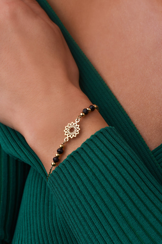 Flower Bracelet with Black Agates and Gold Beads