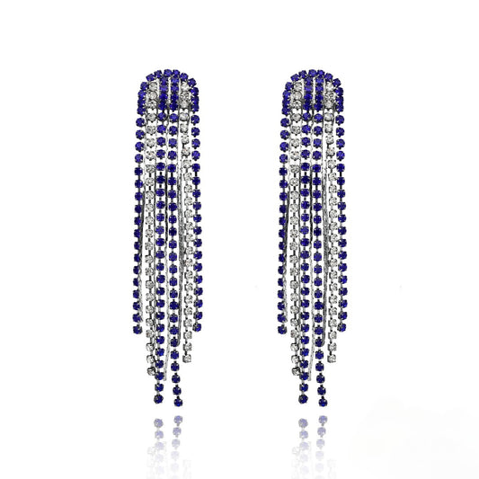 Glamour Evening Royal Blue & Clear Zirconium Tassle Dangle Earrings