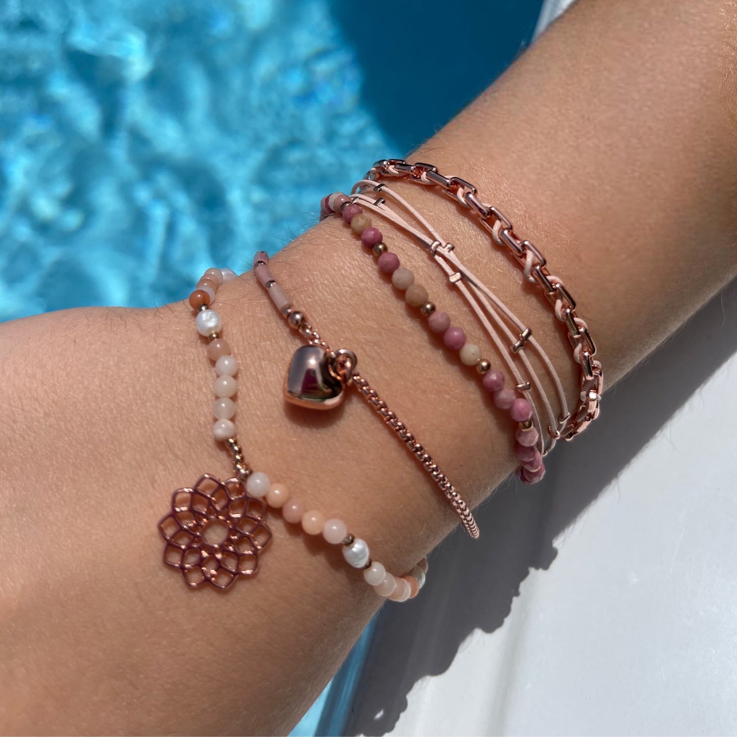 Rose Gold Plated Freshwater Pearl & Sun Stone Bracelet with Flower Pendant