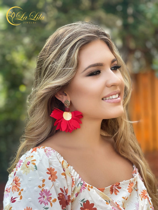 Satin Flower Earrings in Red