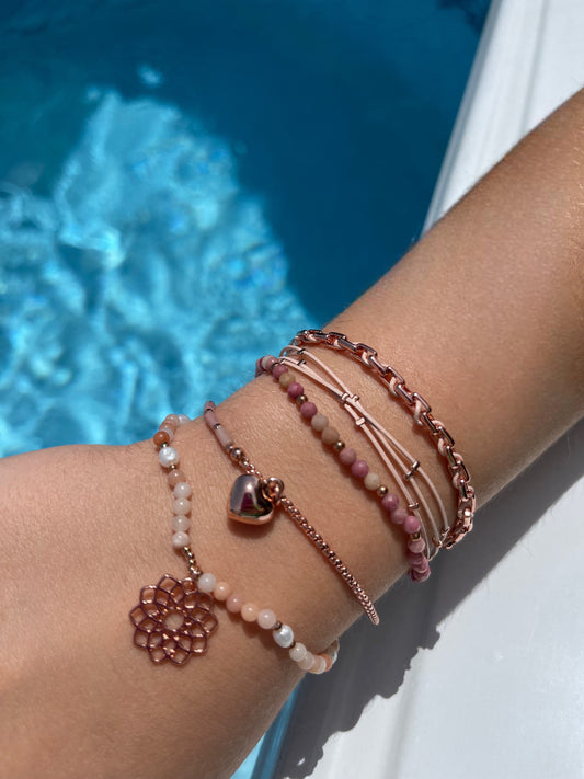 Rose Gold Plated Multi Chain Bracelet with Rhodochrosite Stones