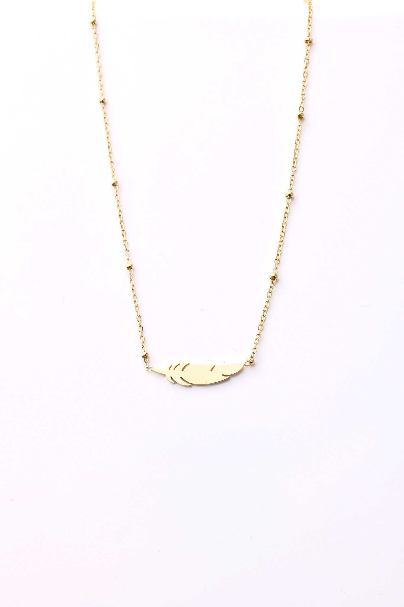 14k Gold Plated Necklace with Feather and Small Gold Beads