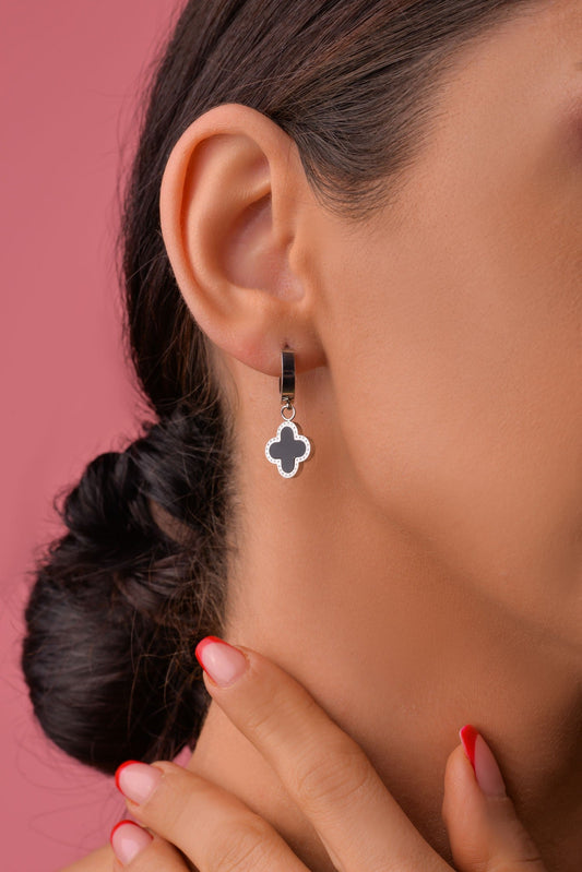 Silver Stainless Steel Clover Earrings and Black Enamel