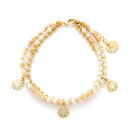 Gold Plated Multi Chain Bracelet with Pearl & Beige Glass Crystals and Flowers