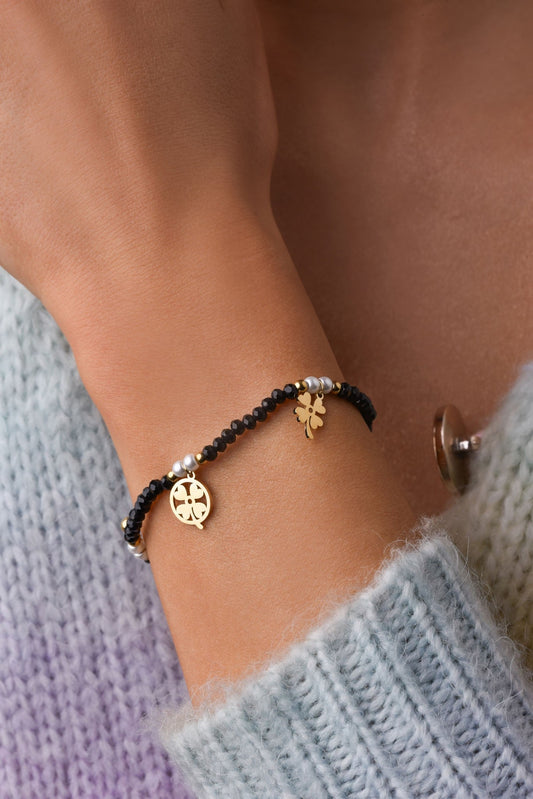 Adjustable Pearl and Crystals Bracelet with Clover Pendants