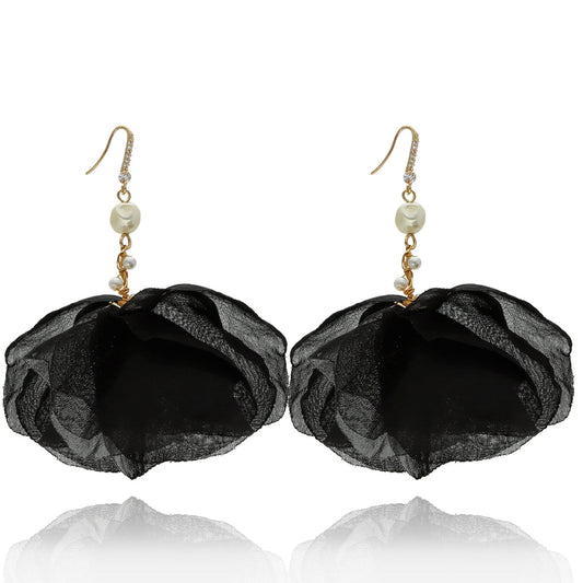 Black Silk Earrings with Crystals and Pearls