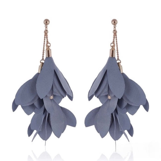 Gray Satin Flower Earrings with Gold Finishing