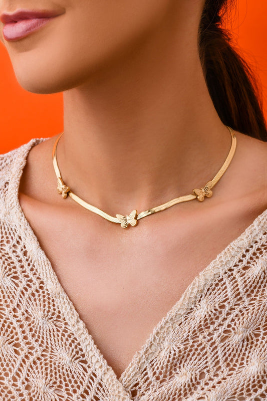 14k Gold Plated Snake Necklace with Butterflies