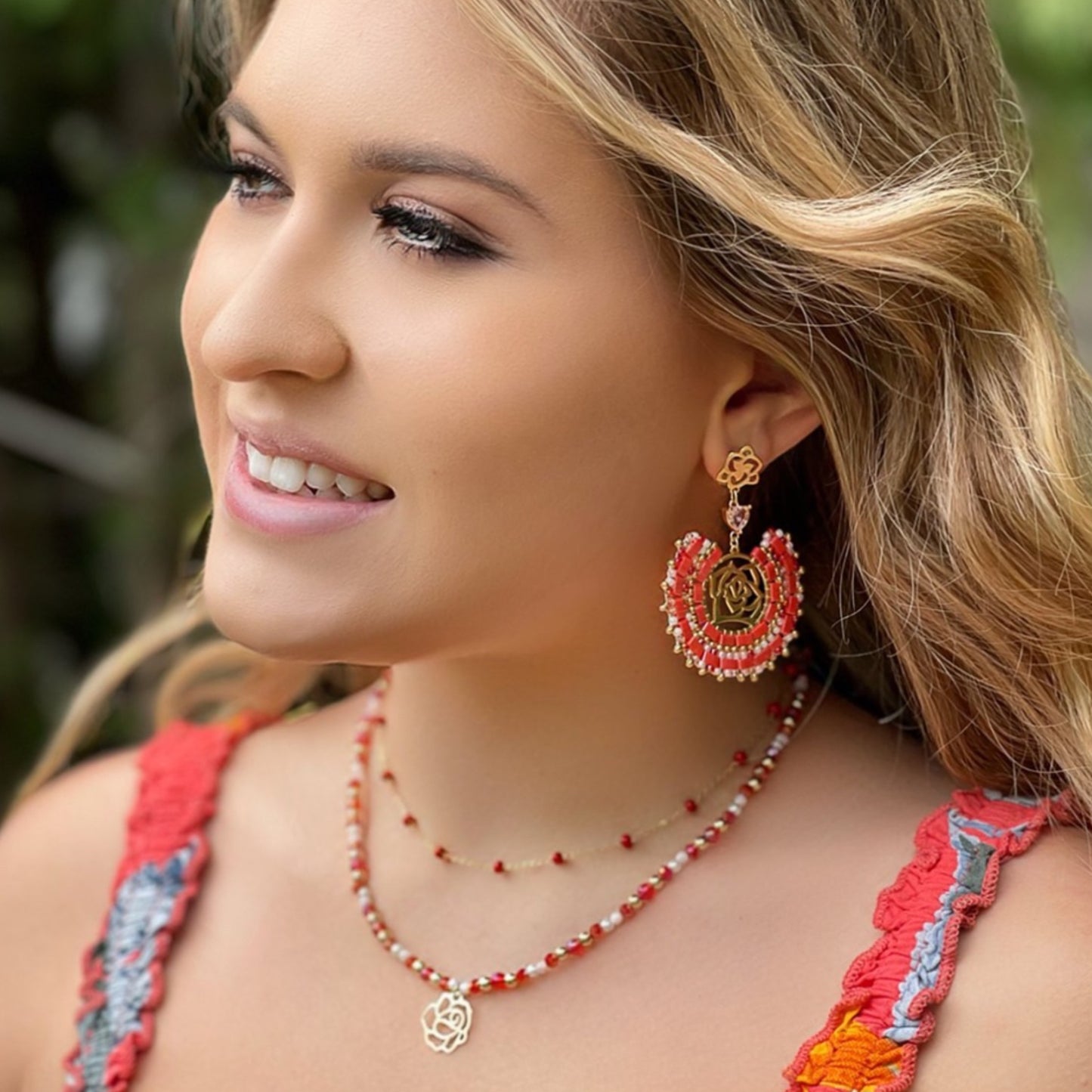 Red Rose Earrings with Red & Light Pink Glass Beads