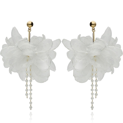 Crystal Drop Flower Silk Earrings in White