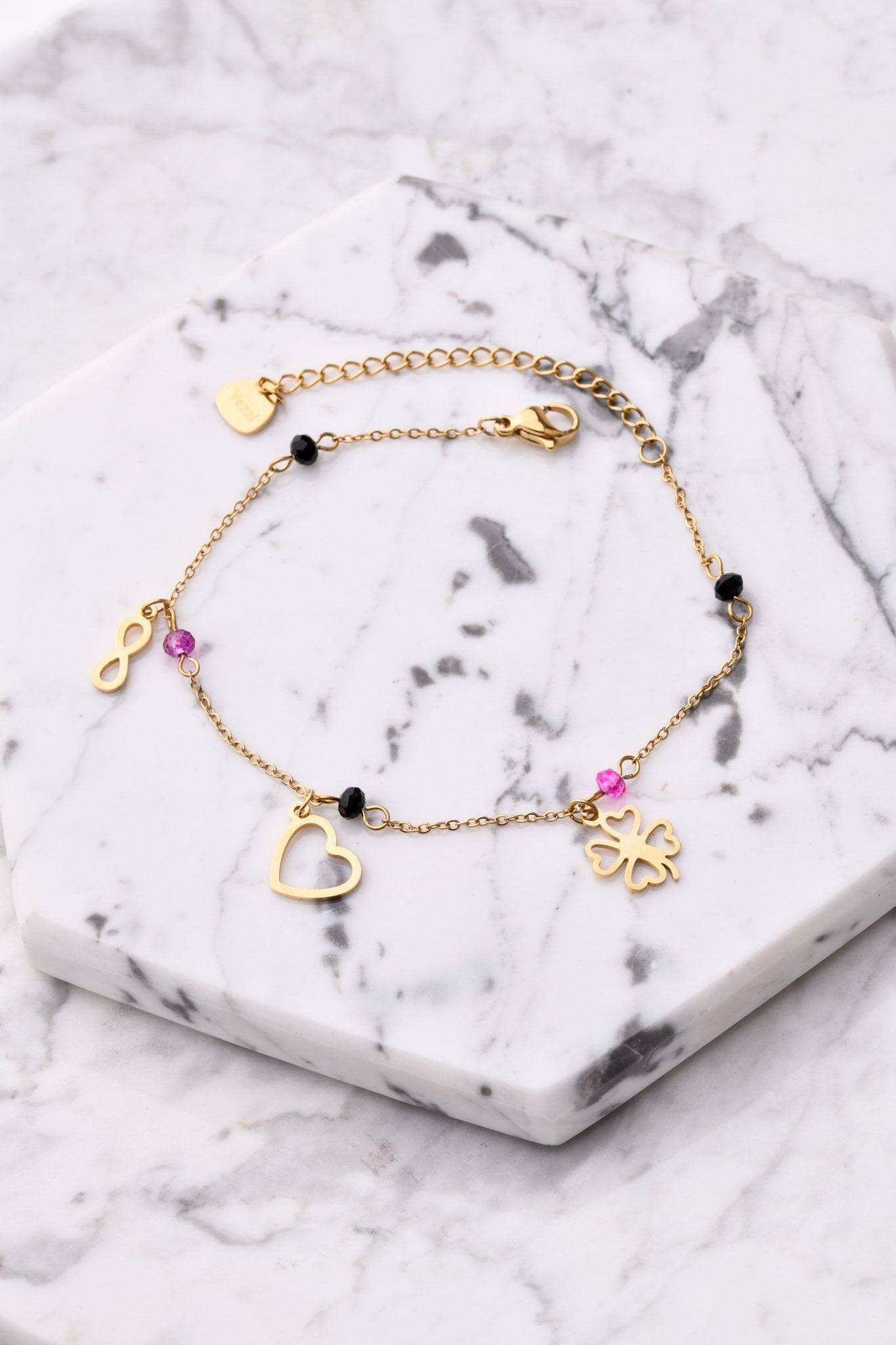 14k Gold Plated Pendants Bracelet with Black and Pink Crystals