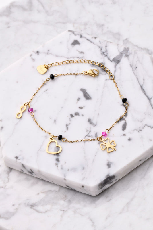 14k Gold Plated Pendants Bracelet with Black and Pink Crystals