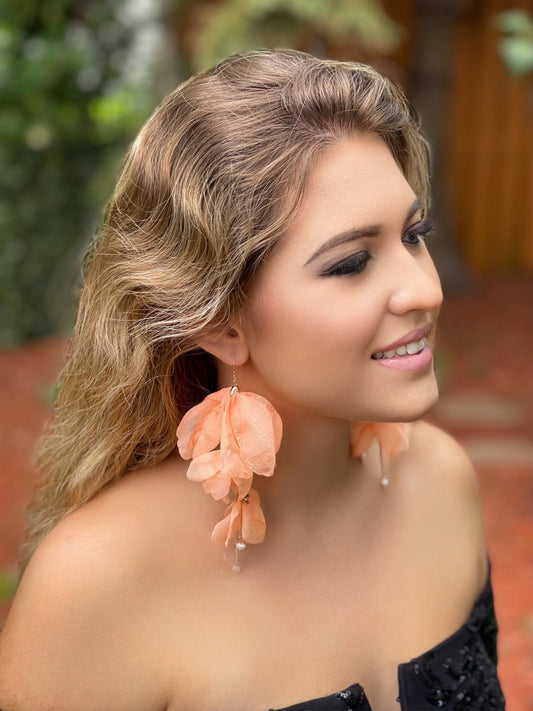 Tangerine Flower Silk Earrings with Chains and Pearls